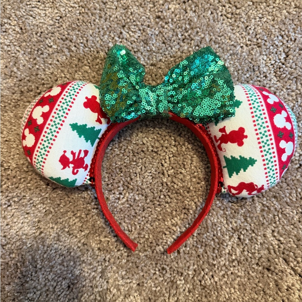 Festive Mouse Ears Headband with Green Sequin Bow